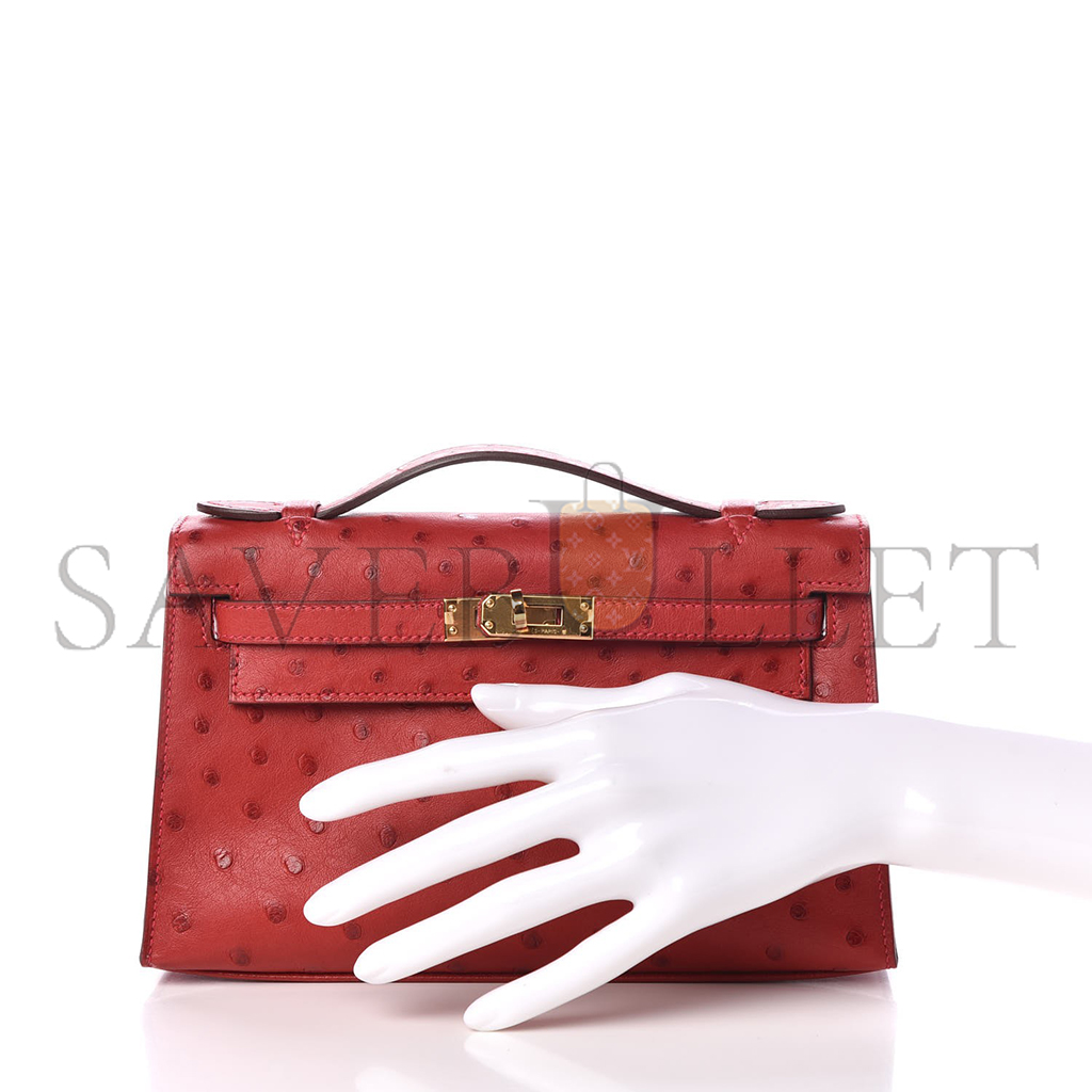 HERMÈS MASTER KELLY POCHETTE BAG ROUGE VIF RED OSTRICH CLUTCH GOLD HARDWARE (22*14*7cm) 